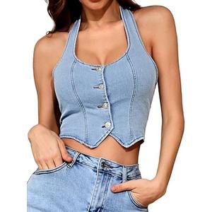 ELLEVEN Women's Denim Halter Top Jean Vest - Square Neck Button Front Slim Fit Crop Vest Western Summer Outfit, Size M