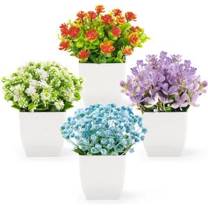 Der Rose 4 Pack Fake Flowers Plants Mini Artificial Greenery Potted Plants for Home Decor Indoor Office Table Room Farmhouse