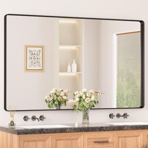 Keonjinn Black Bathroom Mirrors for Over Sink, 60 x 36 Inch Large Matte Black Mirror for Vanity, Rounded Rectangle Sandblasted Finish Farmhouse Mirror, HD Tempered Glass Modern Decorative Mirror