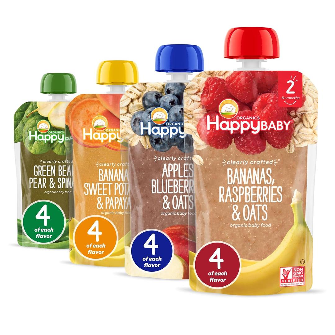 Happy Baby Organics Stage 2 Baby Food Pouches, Gluten Free, Vegan & Healthy Snack, Clearly Crafted Fruit & Veggie Puree, Fruit & Veggie Variety Pack, 4 Ounces (Pack of 16), Amazon Exclusive (EXP 04/28/26)