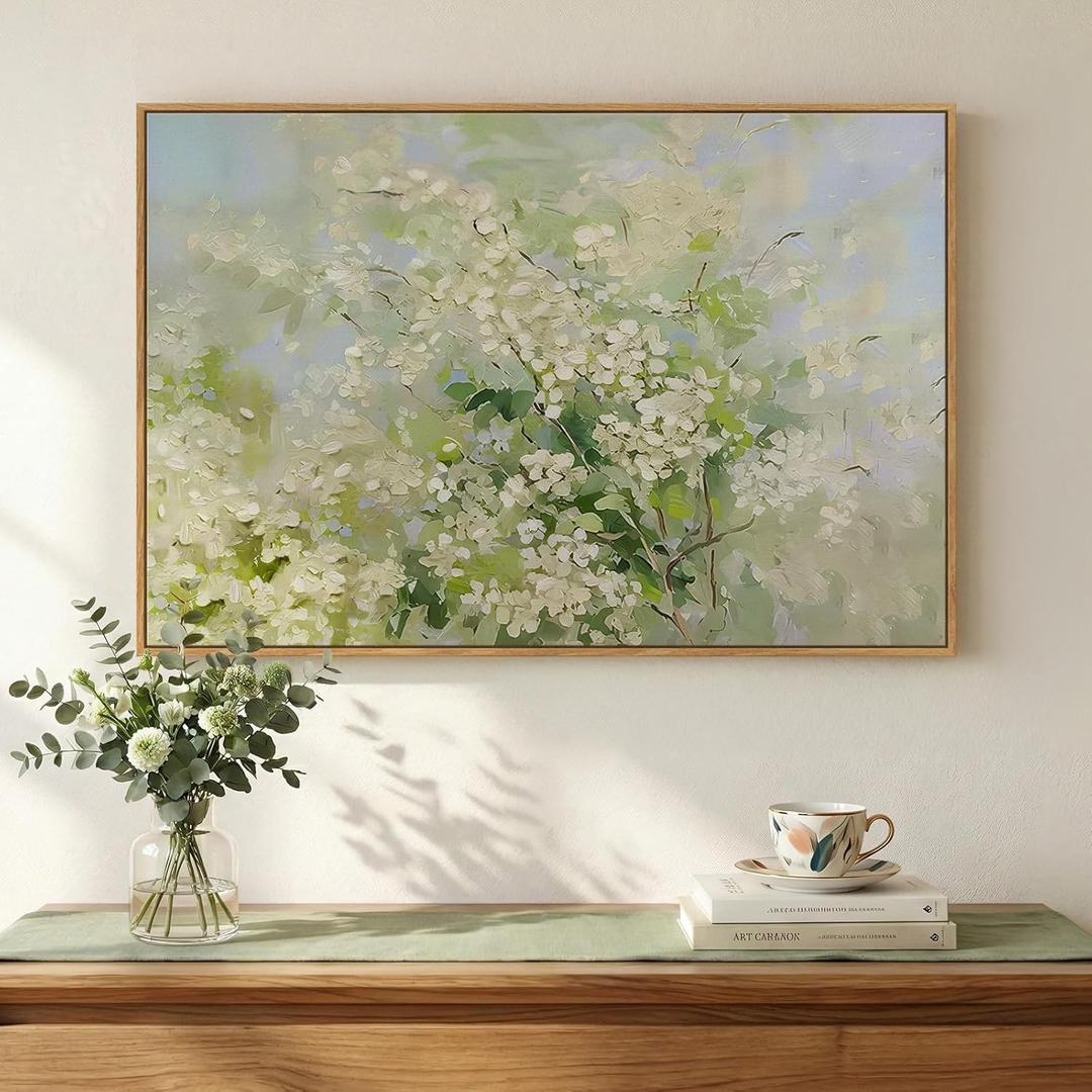Framed Green Floral Wall Art, Nature Sage Green Vintage Botanical Canvas Painting Prints Artwork for Modern Farmhouse Works, Rustic Cottage Core Abstract Flower for Living Room Bedroom Wall Decor