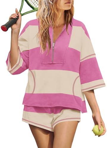Yanekop Womens 2 Piece Outfits Summer Striped Workout Set Two Piece Matching Lounge Sets Half Sleeve Tops and Short Sets L