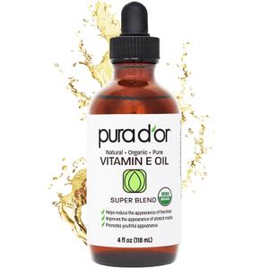 PURA D'OR 4 Oz Organic Vitamin E Oil  USDA Certified Face, Body, Hair & Bath Oil with Argan, Jojoba, Rosehip, Apricot, Almond & Avocado  Lightweight Moisturizing Blend for Soft, Smooth Skin