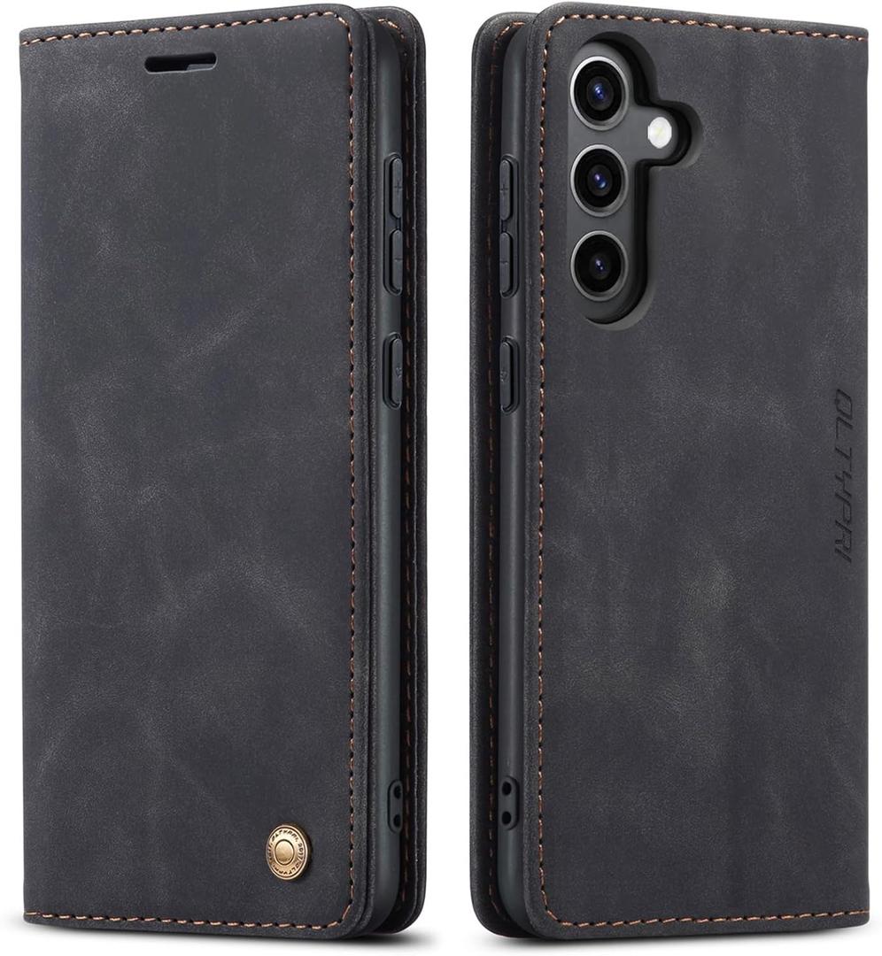 QLTYPRI Case for Samsung Galaxy S24, Vintage PU Leather Wallet Case Card Slot Kickstand Magnetic Closure Shockproof Flip Folio Case Cover for Samsung Galaxy S24 - Black