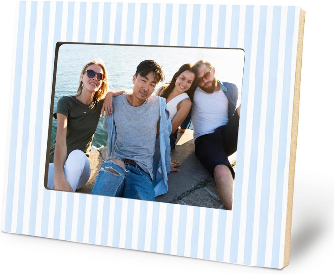 Blue and White Striped Picture Frame 5x7, Wedding Engagement Gifts for Newlyweds Couple Husband Wife, Minimalist Blue Photo Picture Frames for Desk Tabletop Wall Display Decorations