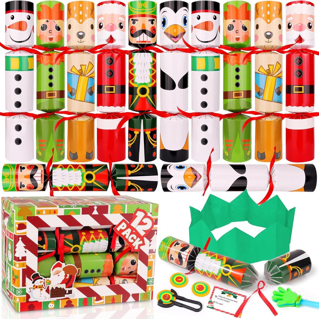 12 Pack Christmas No-Snap Party Table Favors, Xmas Party Supplies with Party Hat, Joke & Little Gift Inside, Christmas Seasonal Holiday Dinner Traditions Supplies for Kids and Adults