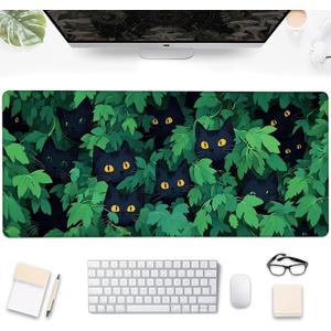 Desk Pad, Cute Black Cats Hidden in Bushes Large Gaming Mouse Pad,Desk Mat for Keyboard and Mouse with Stitched Edges and Non-Slip Rubber Base for Work Game Office Home 31.5x11.8in (Colour14)