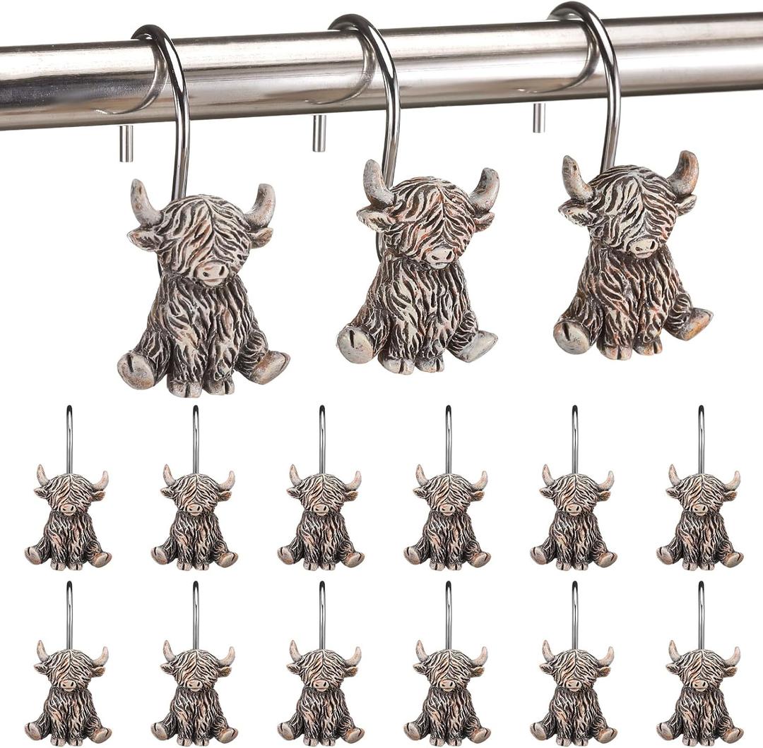 Roowest 12 Pcs Highland Cow Shower Curtain Hooks Western Shower Curtain Hooks Stainless Steel Rust Resistant Rings Hangers for Winter Farmhouse Rustic Bathroom Decor