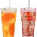 20oz Ribbed Glass Cups with Lids and Straws, Vintage Glass Tumbler with Straw, 2 Piece Iced Coffee Cups Set, Thicked Wall Drinking Glasses Ideal for Coffee, Smoothies, Juices Matchas (clear-2 pack)
