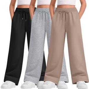 Teen Girls Sweatpants Wide Leg Drawstring Elastic Waist Pants Straight Leg Athletic Trousers with Pockets (9-10 Years, Khaki, Light Heather Gray, Black)