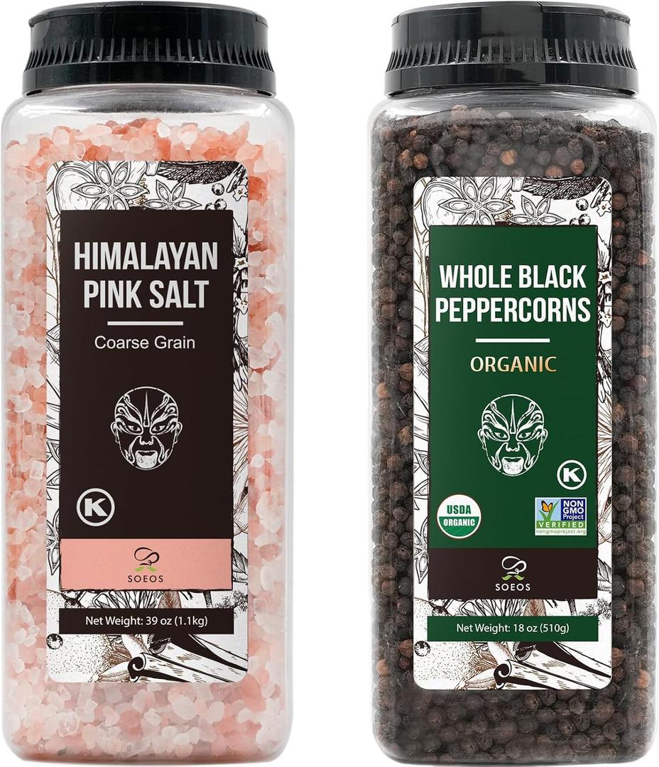 Soeos Himalayan Pink Salt Coarse 39 oz + Organic Black Peppercorns 18 oz, Salt for Grinder Refill, Salt and Peppercorns, Pepper Grinder Refill, Non-GMO Spice Seasoning Set For Cooking (57 Ounce (Pack of 1))
