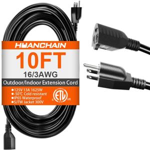 HUANCHAIN 10 FT 16 Gauge Black Indoor Outdoor Extension Cord Waterproof, Flexible Cold Weather 3 Prong Electric Cord Outside, 13A 1625W 125V 16AWG SJTW, ETL Listed
