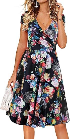 Oxiuly Women's Cap Sleeve Summer Casual Dresses V-Neck Floral Vacation Party Dress OX233