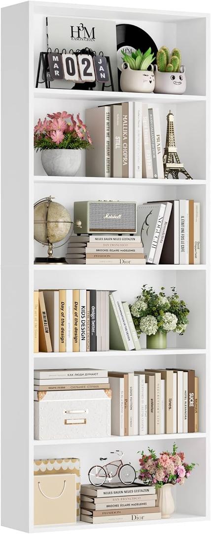FOTOSOK 6-Tier Open Bookcase and Bookshelf, Freestanding Display Storage Shelves Tall Bookcase for Bedroom, Living Room and Office, White, 9.3"D x 23.6"W x 70.9"H