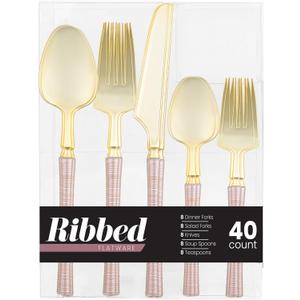 PLASTICPRO 40 Pieces Plastic Silverware Ribbed Elegant Premium Heavy Duty Pearl Pink & Gold Plastic Cutlery Set, Fancy Disposable Flatware
