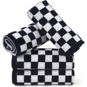 Jacquotha Wash Cloths Checkered 4 Pack (Black and White) - Cotton Washcloths for Face Body, 13 x 13 Inches Daily Cleansing Kitchen Towels