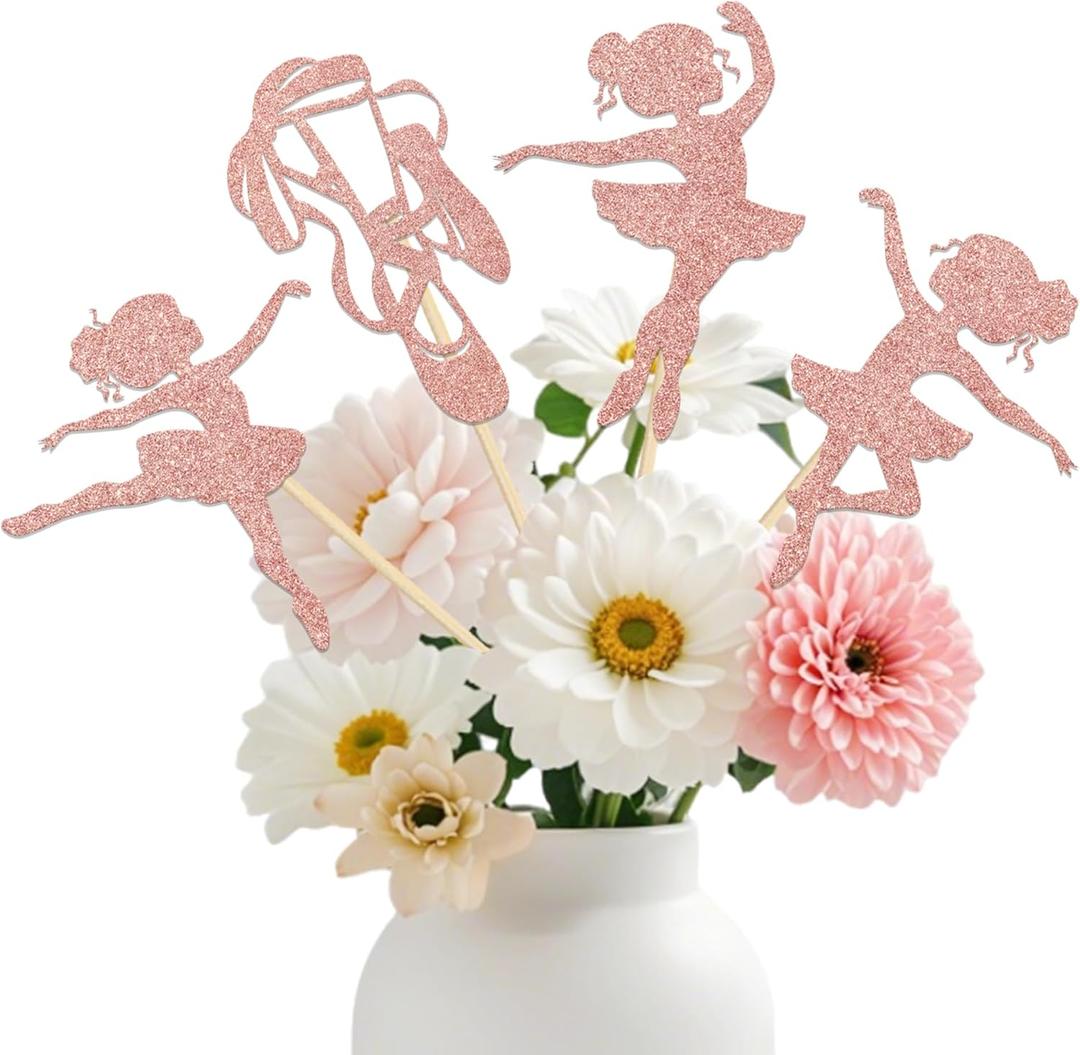 Ballerina Birthday Centerpiece Sticks Baby Shower Ballerina Birthday Party Table Decorations for Girls Ballet Dancers Themed Wedding Anniversary Party Supplies Rose Gold Glitter 12PCS