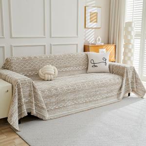 MEETSKY Boho Couch Cover Sofa Slipcover for Sectional Sofa Covers Protector Universal Use Chenille Blend Thick Fabric Washable, Modern Design Sofa Throw Cover for Living Room, 71" x 118", Khaki
