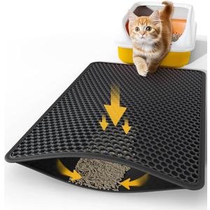 Powools 27" x 19" Cat Litter Mat - Ultra-Large Litter Box Mat with Double Layers, Urine-Proof and Non-Slip Litter Trapping Mat, Easy to Clean Kitty Litter Mats for Floor, Scatter Control, Black