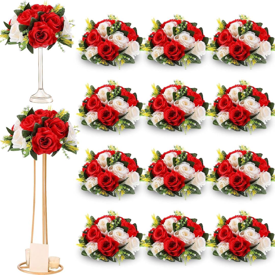 Hotop 12 Pcs Flower Balls Wedding Rose Centerpieces Silk Flower Kissing Balls Arrangement Artificial Hydrangea Florals Bouquet Faux Rose Floral Decoration (Red,White)