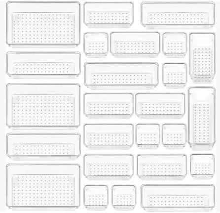 Plastic Drawer Dividers Set Customizable Storage Bins (25 Pieces), Multi-Purpose Use Ideal for bathroom, kitchen, office, or vanity drawers.