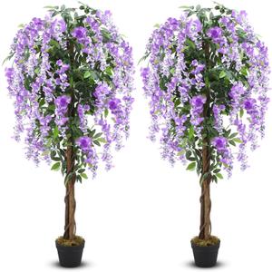 2 Pack 5ft Artificial Wisteria Tree Tall Fake Tree with Cement Base Pot Faux Floor Plant Decoration for Indoor Outdoor Home Office Housewarming Gift