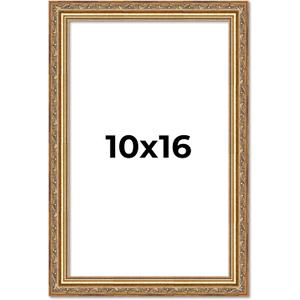 Poster Palooza 10x16 Frame Gold Antique Solid Pine Wood Picture Frame with UV Acrylic Plexiglass, Foam Board Backing & Hanging Hardware Included