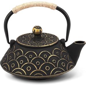 Japanese Tea Kettle Cast Iron Teapot, Teapot Infuser Strainer Set Chinese Black with Gold Wave Pattern with Stainless Steel Filter 30oz/0.9L