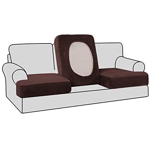 H.VERSAILTEX Stretch Velvet 3 Piece T Cushion Sofa Slipcovers - Individually Fitting Cushion Covers for 3 Cushion Couch - Stay in Place (Brown)