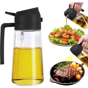 2 in 1 Oil Dispenser and Oil Sprayer, 470ml Dispenser Bottle Spray and Pour, Glass Olive Oil Sprayer for Cooking, Food-Grade Oil Spray Bottle Mister Spritzer for BBQ, Air Fryer, Kitchen (Black)