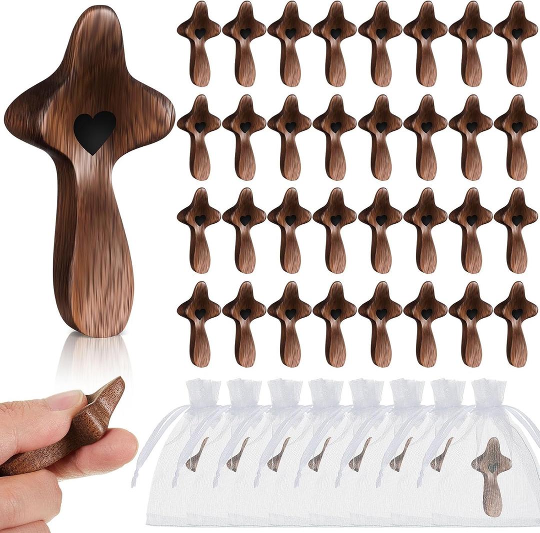 Threehoney 40 Pcs Cross My Heart, Encouragement Gift Small Wooden Handheld Pocket Crosses in Bulk with Organza Bag Wood Fingertip Stress Fidget Relief Religious Craft for Christians Prayer Church