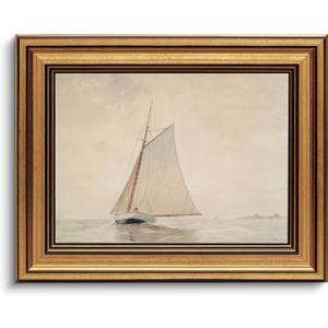 Gold Framed Wall Art Vintage Canvas Wall Art White Sailboat Seaview Seascape Artwork Prints Picture for Living Room Bedroom Farmhouse Bathroom Office Decor, 8x10