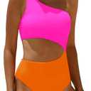 Women's One Piece Swimsuit- One Shoulder Bathing Suit Cutout Tummy Control Swimwear (Pink Orange)