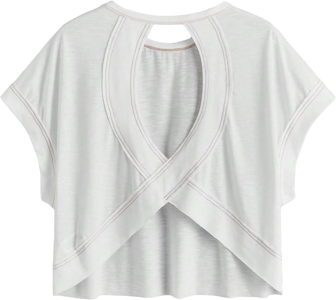 SOLY HUX Open Back Tops for Women Criss Cross Cut Out Backless Tee Short Sleeve Round Neck Summer T Shirt (Medium)