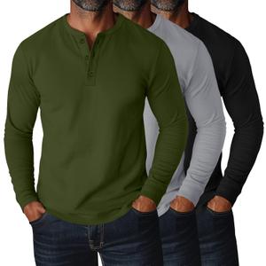 Ficerd 3 Pack Men's Big and Tall Henley T-Shirts Long Sleeve Plus Size Cotton Blend Tee Loose Fit Casual Fall Basic Tops (X-Large, Light Gray, Army Green, Black)