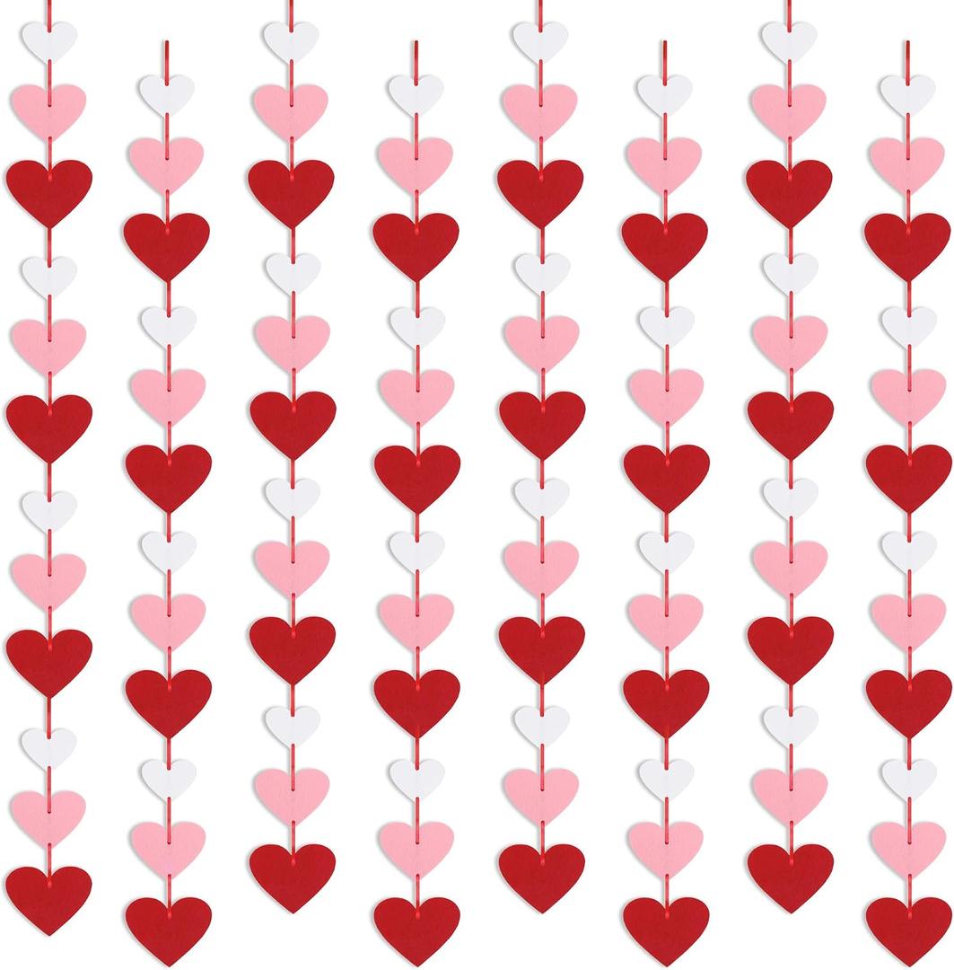 8 Pack Felt Heart Garland, Valentines Day Decorations-No DIY Red Pink White Heart Valentines Hanging String Banner for Anniversary Wedding Engagement Birthday Party