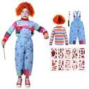 Horror Movie Killer Costume for Kids Halloween Cosplay Creepy Baby Kill Costume Jumpsuit Outfit with Wig Knife Props, Size 140