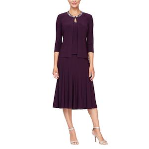 Alex Evenings Women's Plus Size Tea Length Jacket Dress with Sequin Beaded Trim, Eggplant, 22W