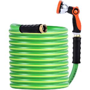 HQMPC Garden Hose Garden Water Hose 50 ft Non Kinking Heavy Water Hose with Brass Hose Fittings (5/8"IDx50'(50 FEET) With 1 Pcs 10 Patterns Hose Nozzle Spray Nozzle