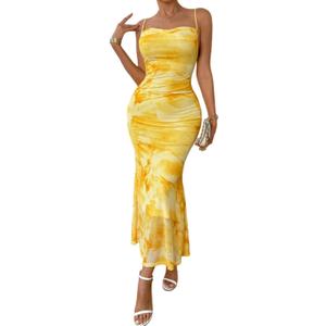 LIGHT DOT Women's Summer Printed Maxi Dress Spaghetti Strap Bodycon Ruched Cocktail Dress Mesh Layered (Yellow, S)