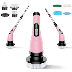 Electric Spin Scrubber - Cordless Bathroom Scrubber with 7 Brush Heads - Dual Speed IPX7 Waterproof Power Scrubber for Heavy-Duty Bathtub, Glass, Tile, and Car Cleaning (Pink)