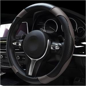Car Steering Wheel Cover, 15 Inch Carbon Fiber Leather Stitching Color Steering Wheel Protector, Anti-Slip Elastic Breathable Steering Wheel Cover Stylish Decor for Most Cars (Black & Gray)