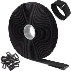 16Ft x 1In Adjustable Cable Straps with 25 Buckles, Free Cut Length, Black Reusable Fastening Cable Ties, Hook and Loop Securing Strap for Cable Tidy, Wire Management, Cord Organiser, Black