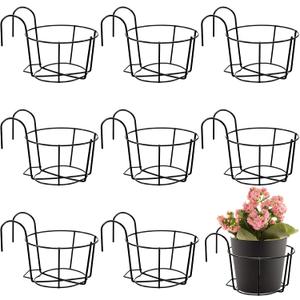 Wesiti 10 Pcs Round Hanging Railing Planters Outdoor Balcony Planters Metal Hanging Baskets Flower Pot Holder for Fence Indoor Porch Shelf Container(5.3 Inch,Black)