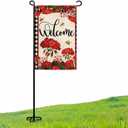 2 x Spring Welcome Garden Flag, Bee Red Geranium Floral Buffalo Plaid Small Burlap Yard Flag, House Seasonal Farmhouse Outside Outdoor Decoration 12.5 x 18 Inch