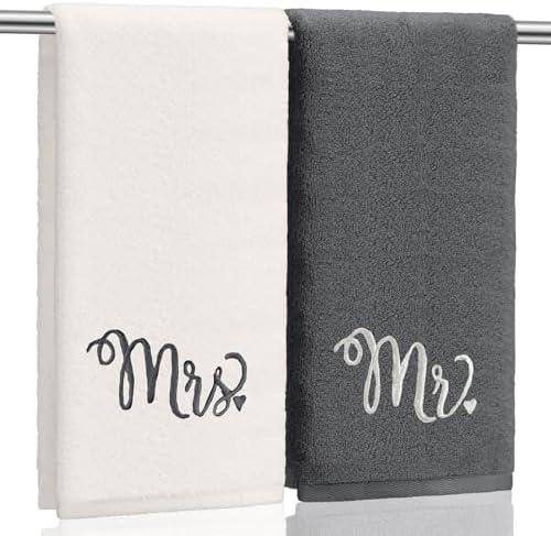 Tingjoo 2 Pcs Mr. and Mrs. Hand Towels 100% Cotton Hubby and Wife Embroidered Bathroom Towel Gift Mr. and Mrs. for Couple, Wedding Anniversary Bathroom Decor 29 x 3inch (Dark Gray, Beige)