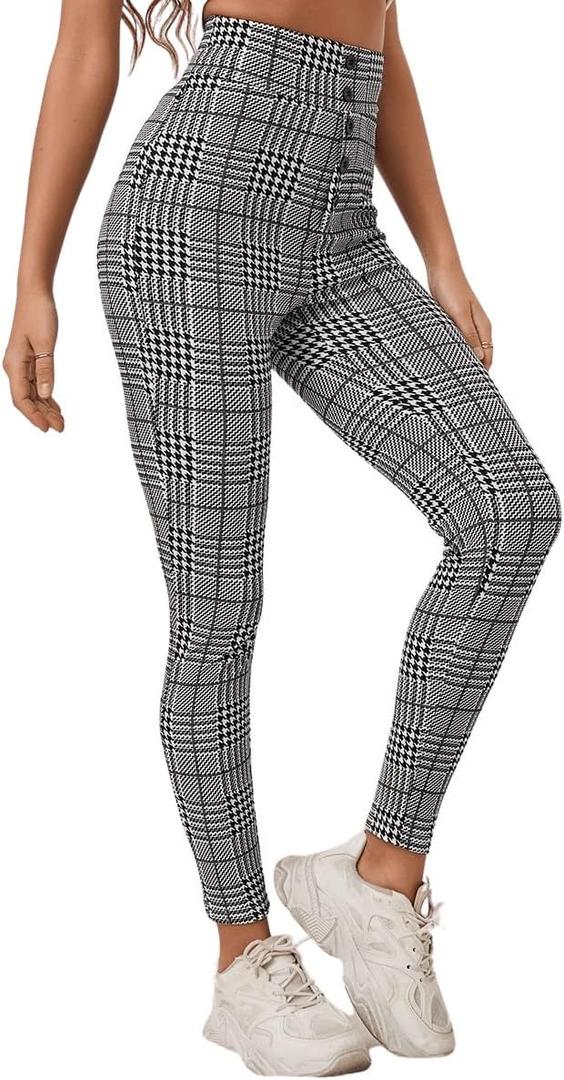 SweatyRocks Women's Pants Casual High Waist Skinny Leggings Stretchy Work Pants Plaid Houndstooth M