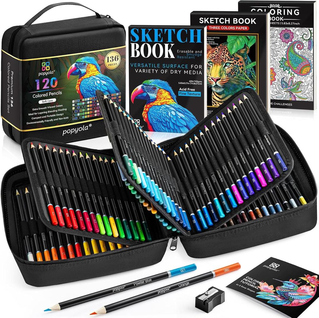136 PCS Colored Pencils Set for Adult Coloring Books, 120 Colored Pencils with Sketchbook, Coloring Book, Sharpener, Soft Core Oil-Based Coloring Pencils for Artists Drawing Sketching Blending Shading (Black)