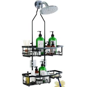 Upgraded Extended Length Shower Organizer with Hooks, Rustproof Shampoo Soap Holder, Large Hanging Bathroom Caddy (Black)