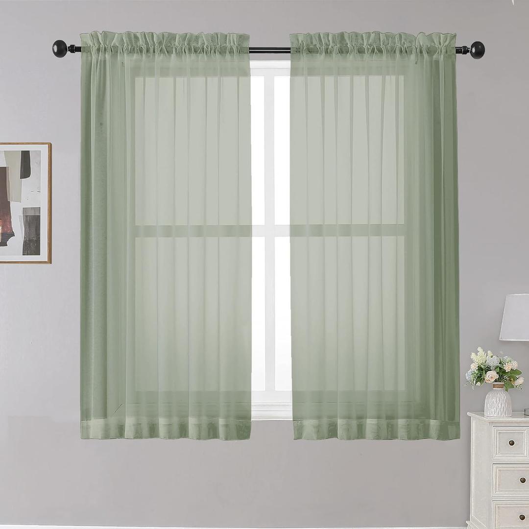 OWENIE Sheer Curtains Sage Green, 45" Long, Light Filtering for Small Window, 2 Panels, Cafe Style
